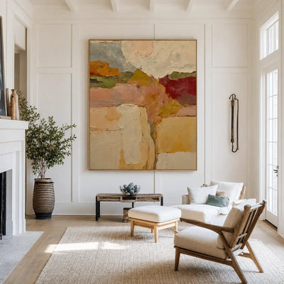 Ochre and Burgundy Layers Through a Cream Field Wall Art styled interior scene 5 | Olyrel