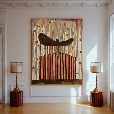 Wide Brown Hat Above Red and Cream Stripes Wall Art styled interior scene 1 | Olyrel