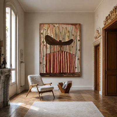 Wide Brown Hat Above Red and Cream Stripes Wall Art styled interior scene 2 | Olyrel