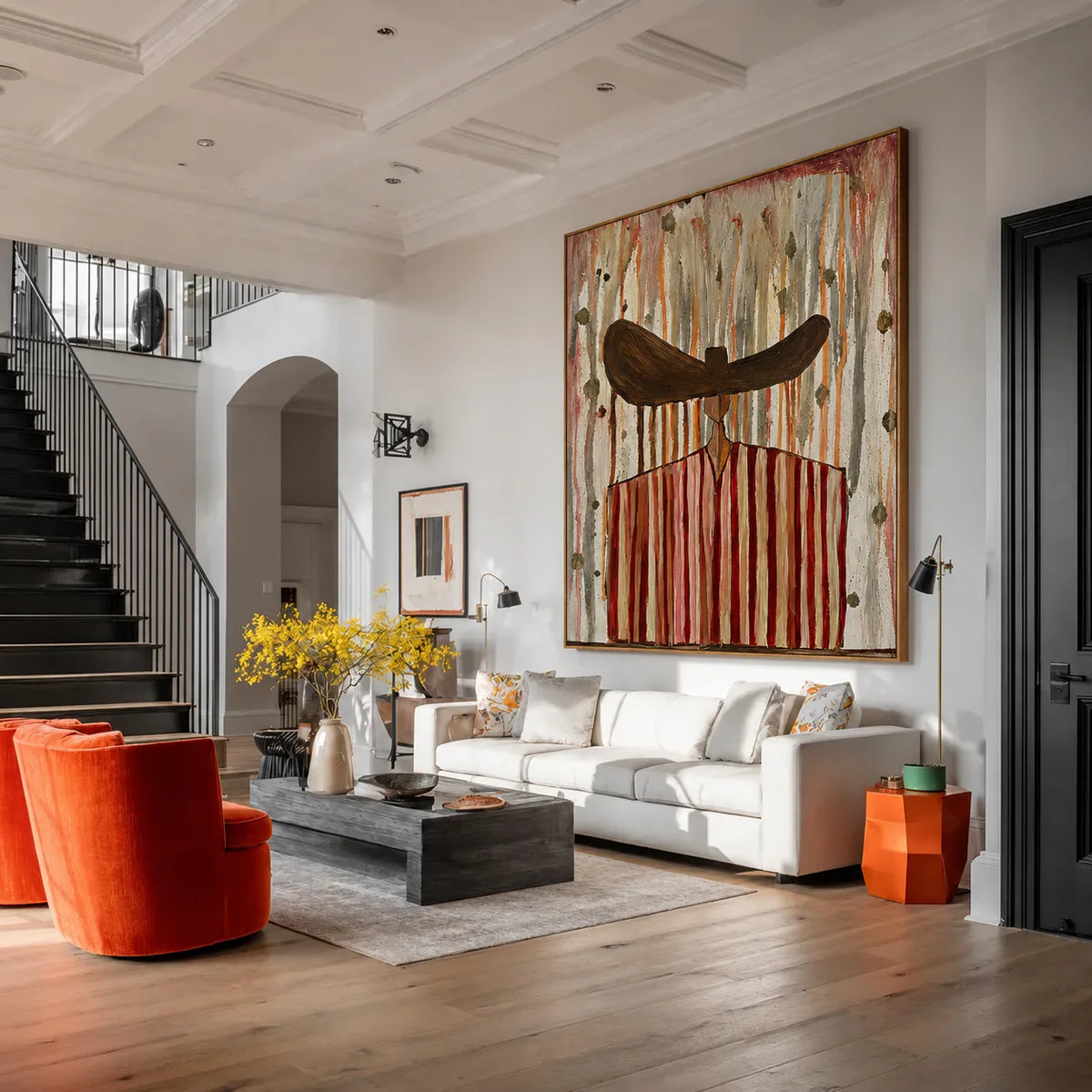 Wide Brown Hat Above Red and Cream Stripes Wall Art styled interior scene 3 | Olyrel
