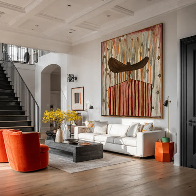 Wide Brown Hat Above Red and Cream Stripes Wall Art styled interior scene 3 | Olyrel
