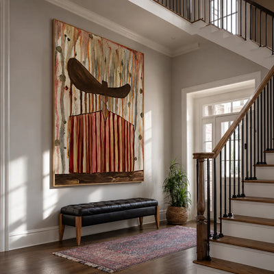 Wide Brown Hat Above Red and Cream Stripes Wall Art styled interior scene 4 | Olyrel