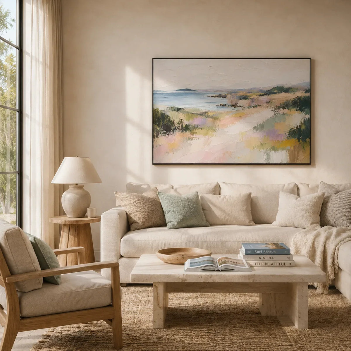 Soft Shore Coastal Wall Art styled in a modern living room | Olyrel