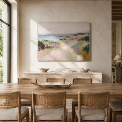 Soft Shore Coastal Wall Art displayed in a bright dining room | Olyrel