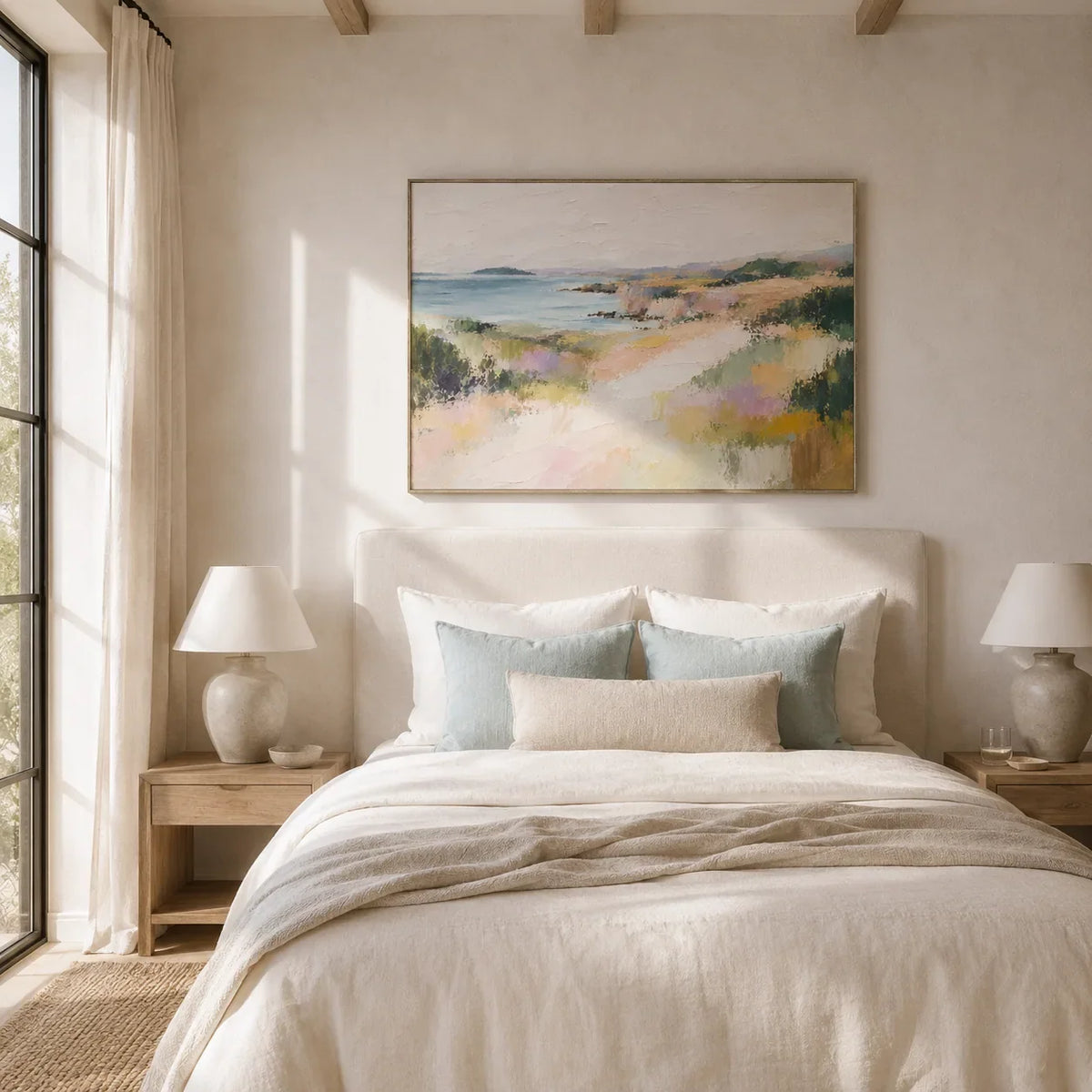Soft Shore Coastal Wall Art shown in a calm bedroom setting | Olyrel
