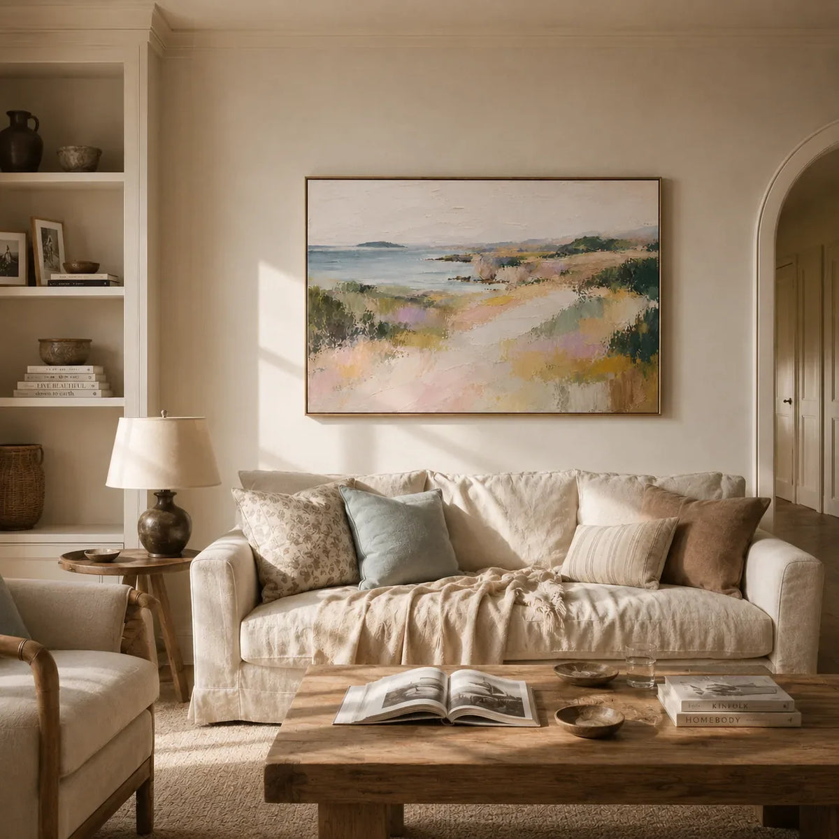 Soft Shore Coastal Wall Art styled in a modern living room | Olyrel