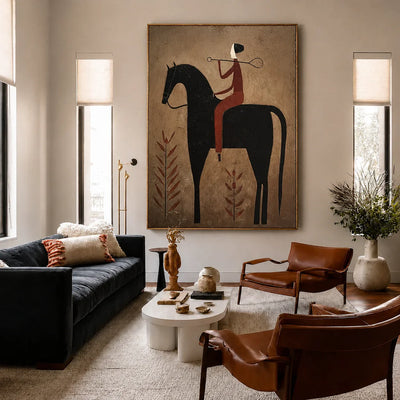 Rust Rider on a Black Horse with Leaf Stems Wall Art styled interior scene 1 | Olyrel