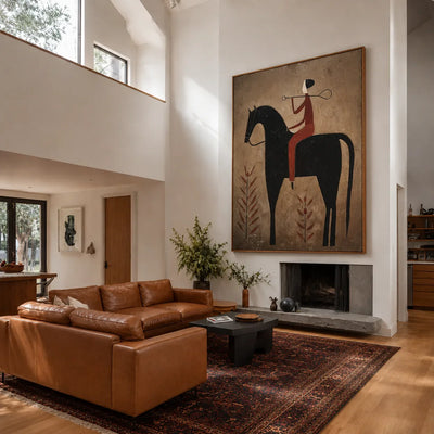 Rust Rider on a Black Horse with Leaf Stems Wall Art styled interior scene 2 | Olyrel