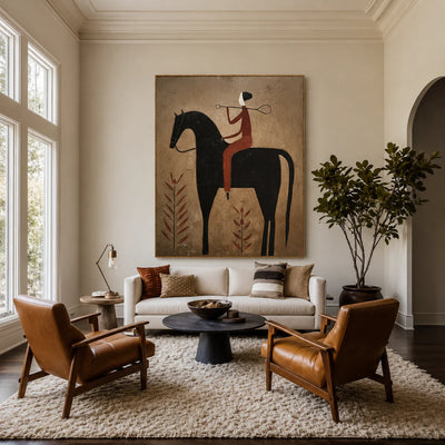 Rust Rider on a Black Horse with Leaf Stems Wall Art styled interior scene 4 | Olyrel