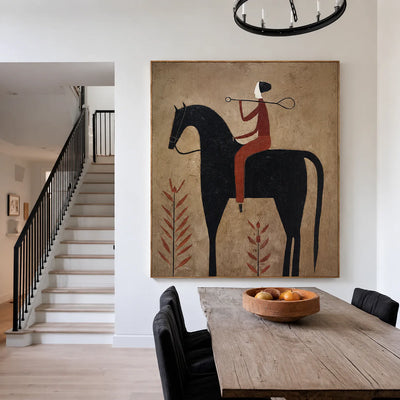 Rust Rider on a Black Horse with Leaf Stems Wall Art styled interior scene 5 | Olyrel