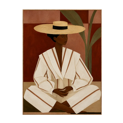 Seated Figure in Cream Stripes and a Straw-Toned Hat Wall Art | Olyrel