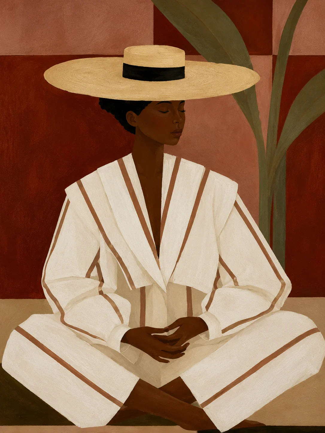 Seated Figure in Cream Stripes and a Straw-Toned Hat Wall Art artwork view | Olyrel
