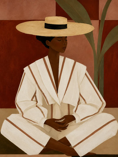 Seated Figure in Cream Stripes and a Straw-Toned Hat Wall Art artwork view | Olyrel