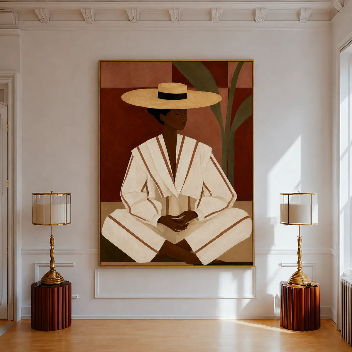 Seated Figure in Cream Stripes and a Straw-Toned Hat Wall Art styled interior scene 1 | Olyrel