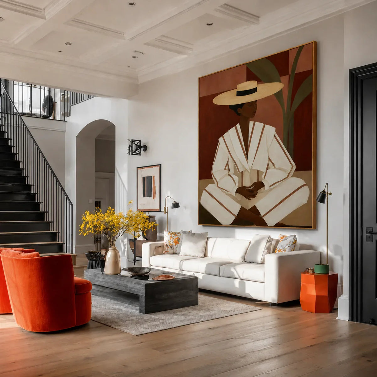 Seated Figure in Cream Stripes and a Straw-Toned Hat Wall Art styled interior scene 3 | Olyrel