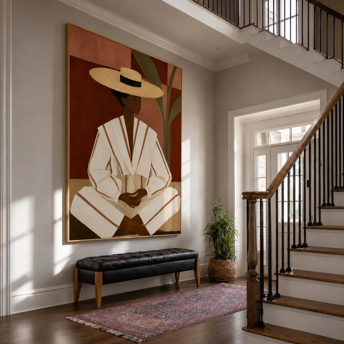 Seated Figure in Cream Stripes and a Straw-Toned Hat Wall Art styled interior scene 5 | Olyrel