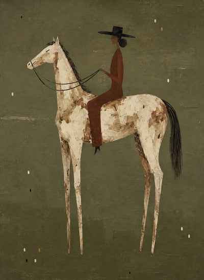 Dark-Hatted Rider on a Cream Dappled Horse Wall Art artwork view | Olyrel