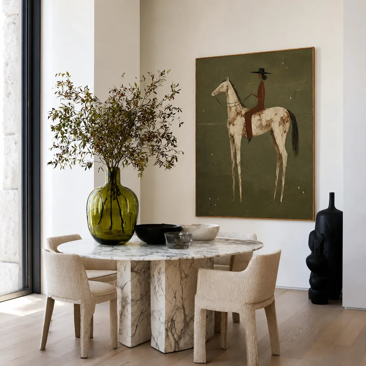 Dark-Hatted Rider on a Cream Dappled Horse Wall Art styled interior scene 2 | Olyrel