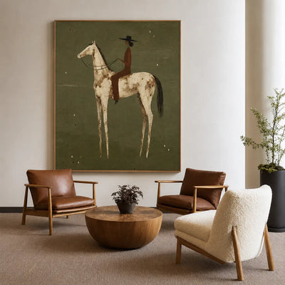 Dark-Hatted Rider on a Cream Dappled Horse Wall Art styled interior scene 3 | Olyrel