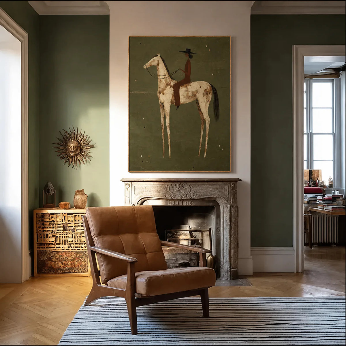 Dark-Hatted Rider on a Cream Dappled Horse Wall Art styled interior scene 4 | Olyrel