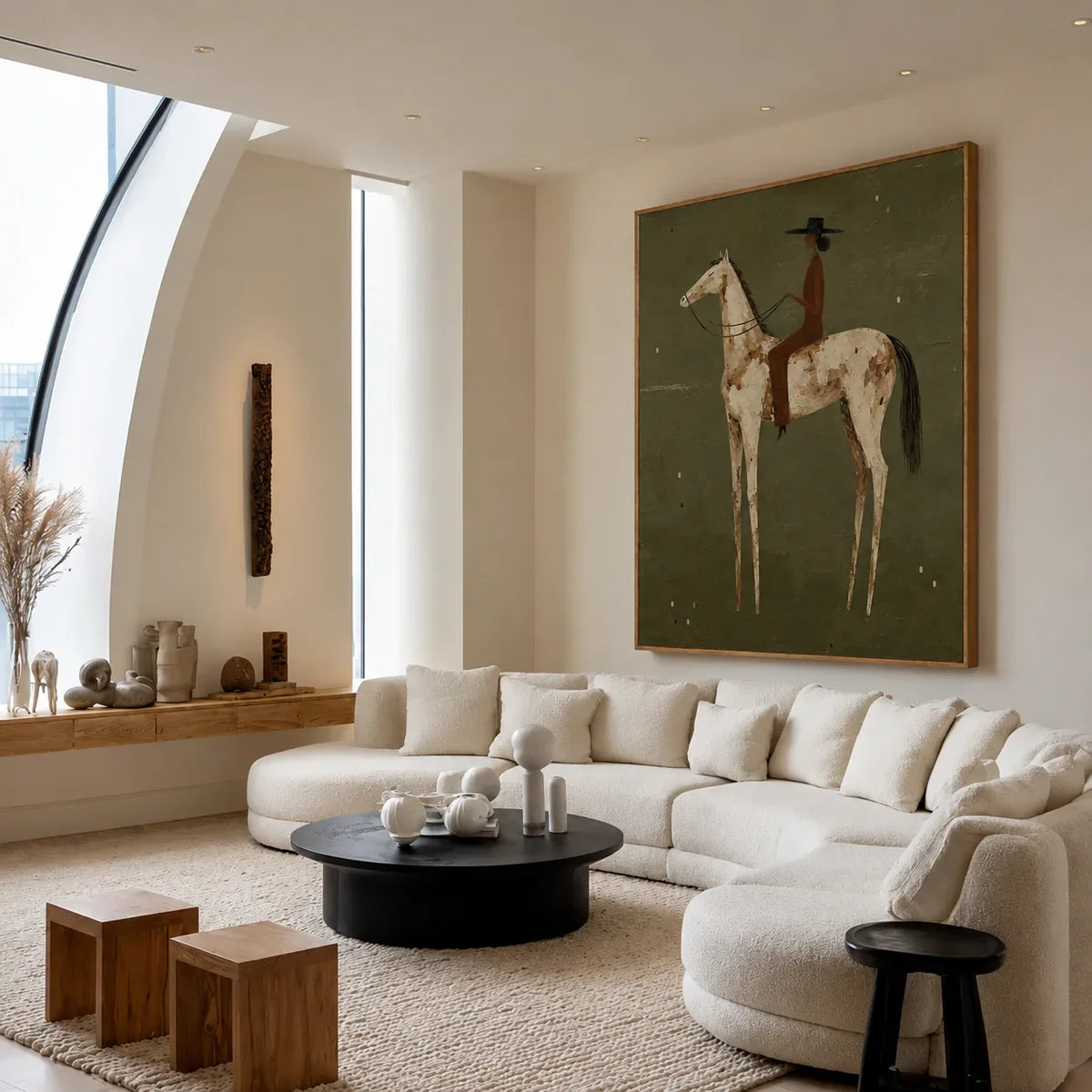 Dark-Hatted Rider on a Cream Dappled Horse Wall Art styled interior scene 5 | Olyrel
