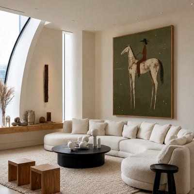 Dark-Hatted Rider on a Cream Dappled Horse Wall Art styled interior scene 5 | Olyrel