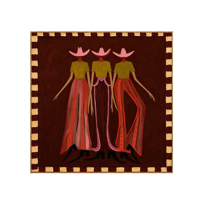 Pink-Hatted Trio in Mustard Tops and Red Trousers Wall Art | Olyrel
