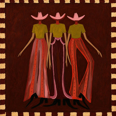 Pink-Hatted Trio in Mustard Tops and Red Trousers Wall Art artwork view | Olyrel