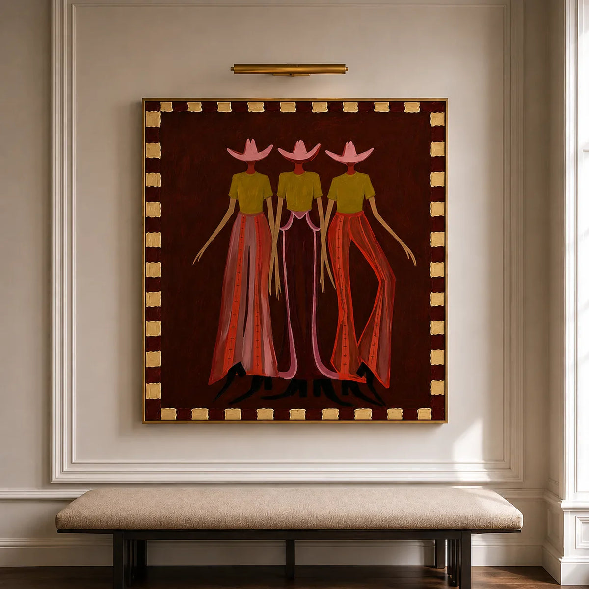 Pink-Hatted Trio in Mustard Tops and Red Trousers Wall Art styled interior scene 2 | Olyrel