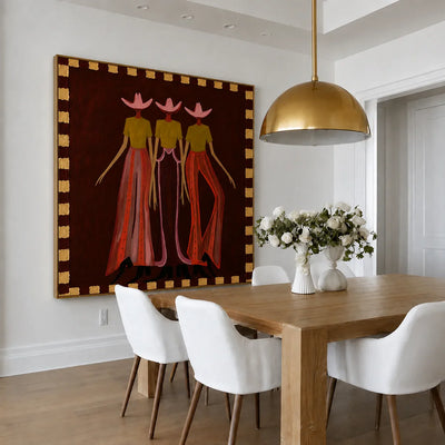 Pink-Hatted Trio in Mustard Tops and Red Trousers Wall Art styled interior scene 3 | Olyrel