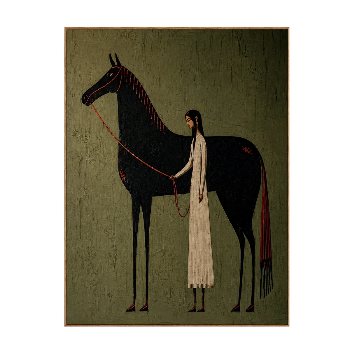 Cream-Clad Figure with a Black Horse on Olive Wall Art | Olyrel