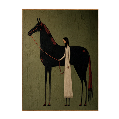 Cream-Clad Figure with a Black Horse on Olive Wall Art | Olyrel