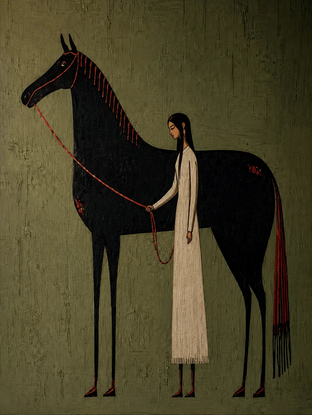 Cream-Clad Figure with a Black Horse on Olive Wall Art artwork view | Olyrel