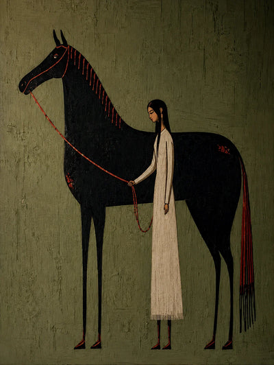 Cream-Clad Figure with a Black Horse on Olive Wall Art artwork view | Olyrel