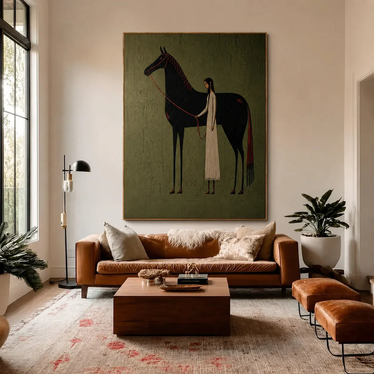 Cream-Clad Figure with a Black Horse on Olive Wall Art styled interior scene 1 | Olyrel