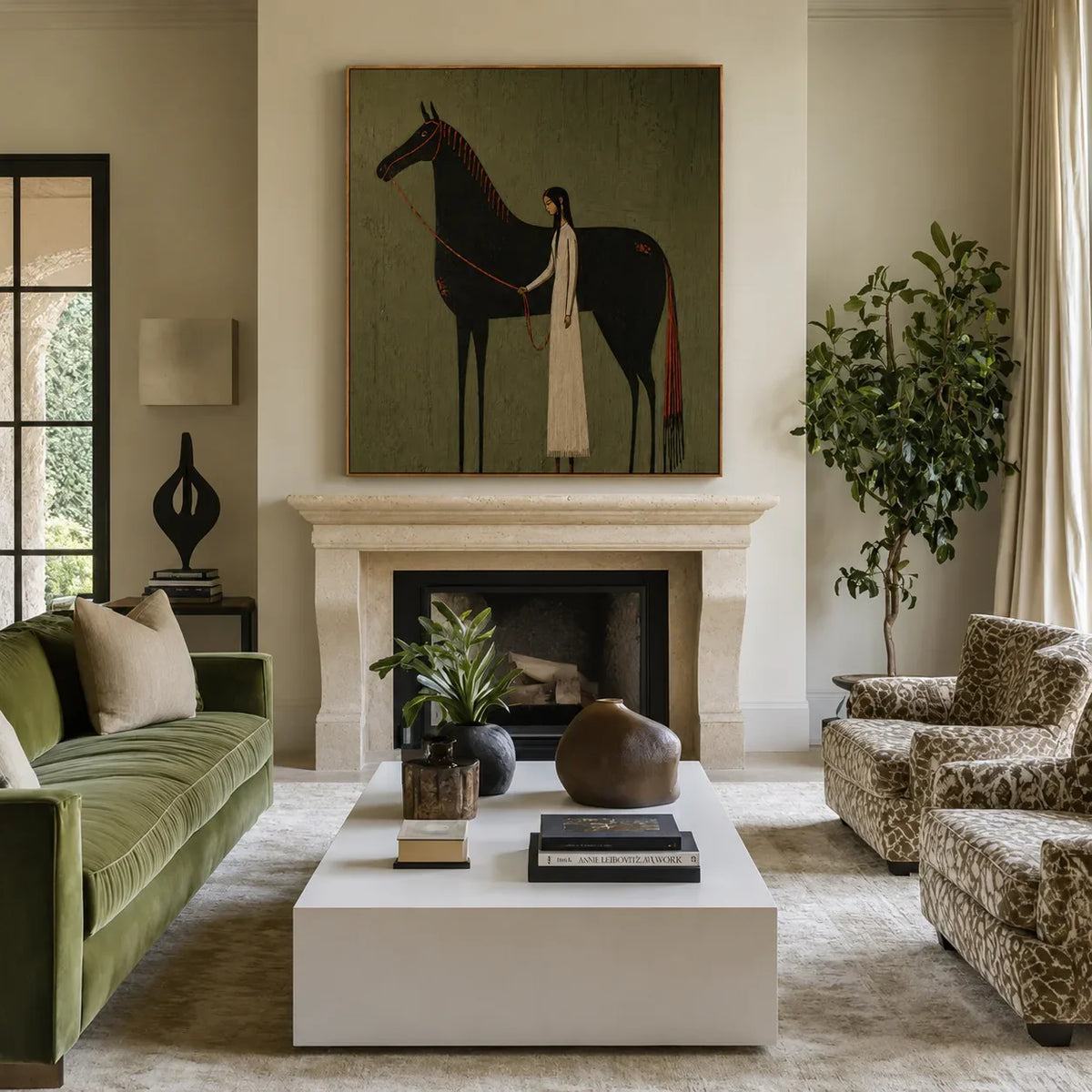 Cream-Clad Figure with a Black Horse on Olive Wall Art styled interior scene 3 | Olyrel