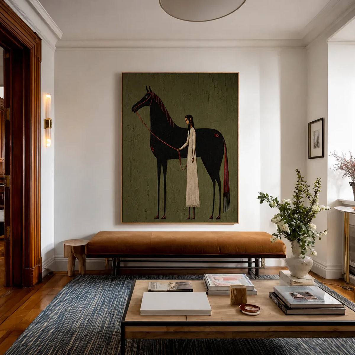 Cream-Clad Figure with a Black Horse on Olive Wall Art styled interior scene 5 | Olyrel
