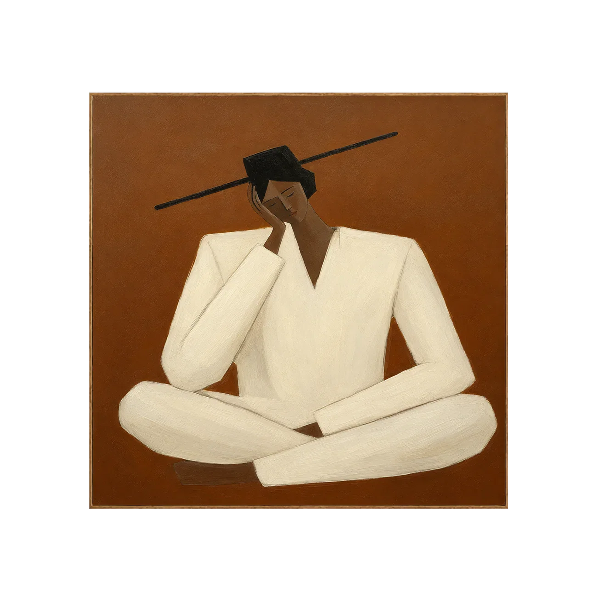 Quiet Cross-Legged Figure in Cream on Burnt Ochre Wall Art | Olyrel