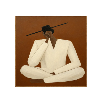 Quiet Cross-Legged Figure in Cream on Burnt Ochre Wall Art | Olyrel