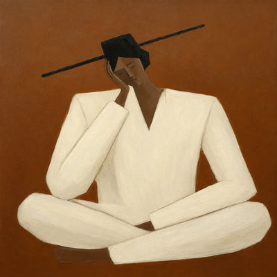 Quiet Cross-Legged Figure in Cream on Burnt Ochre Wall Art artwork view | Olyrel