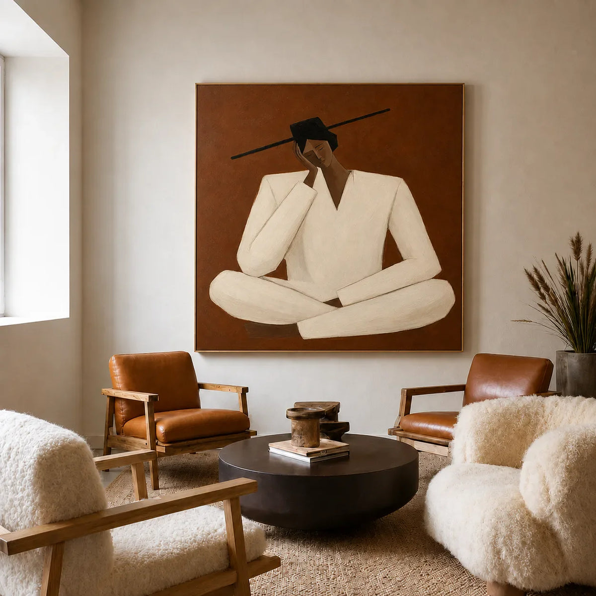 Quiet Cross-Legged Figure in Cream on Burnt Ochre Wall Art styled interior scene 1 | Olyrel