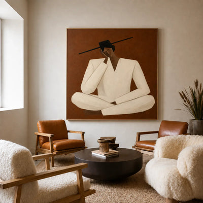 Quiet Cross-Legged Figure in Cream on Burnt Ochre Wall Art styled interior scene 1 | Olyrel