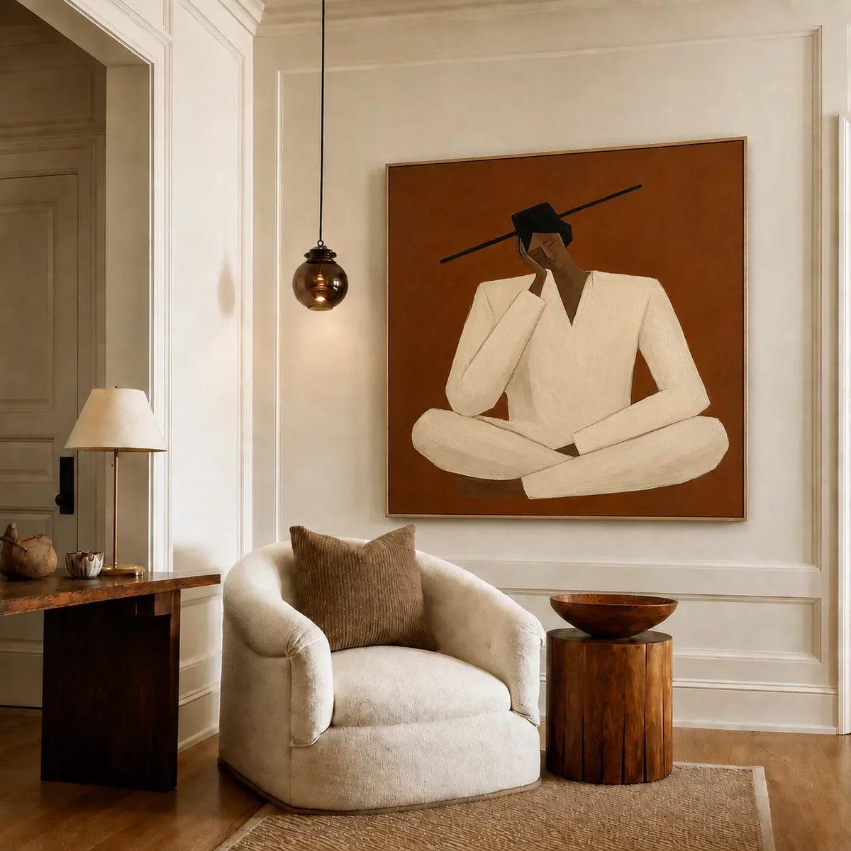 Quiet Cross-Legged Figure in Cream on Burnt Ochre Wall Art styled interior scene 2 | Olyrel