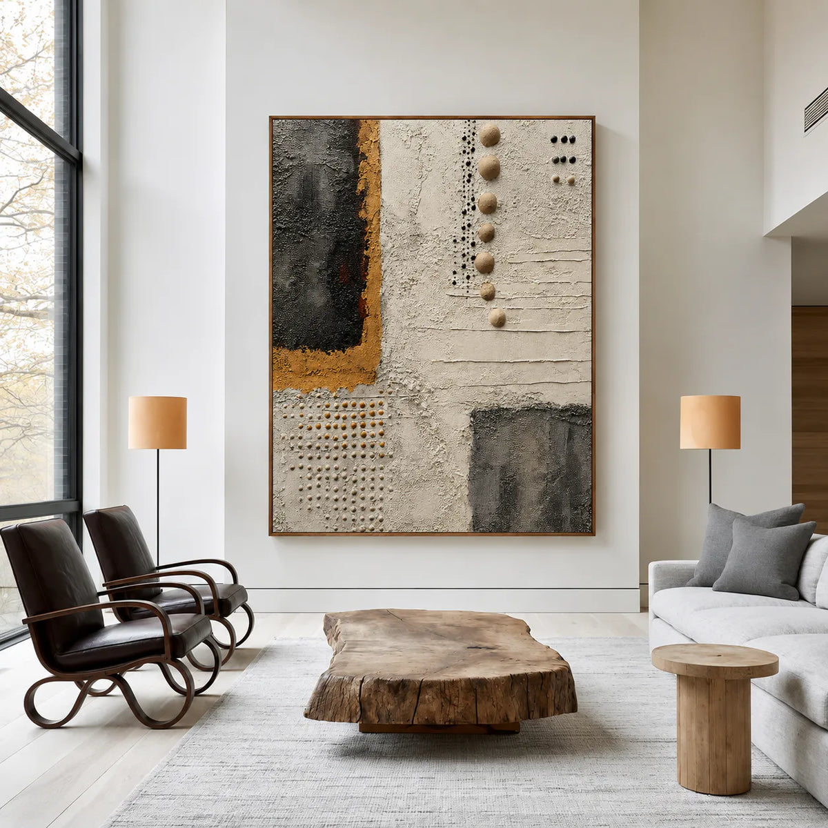 Charcoal Panels and Raised Dots on Ivory Wall Art styled interior scene 1 | Olyrel