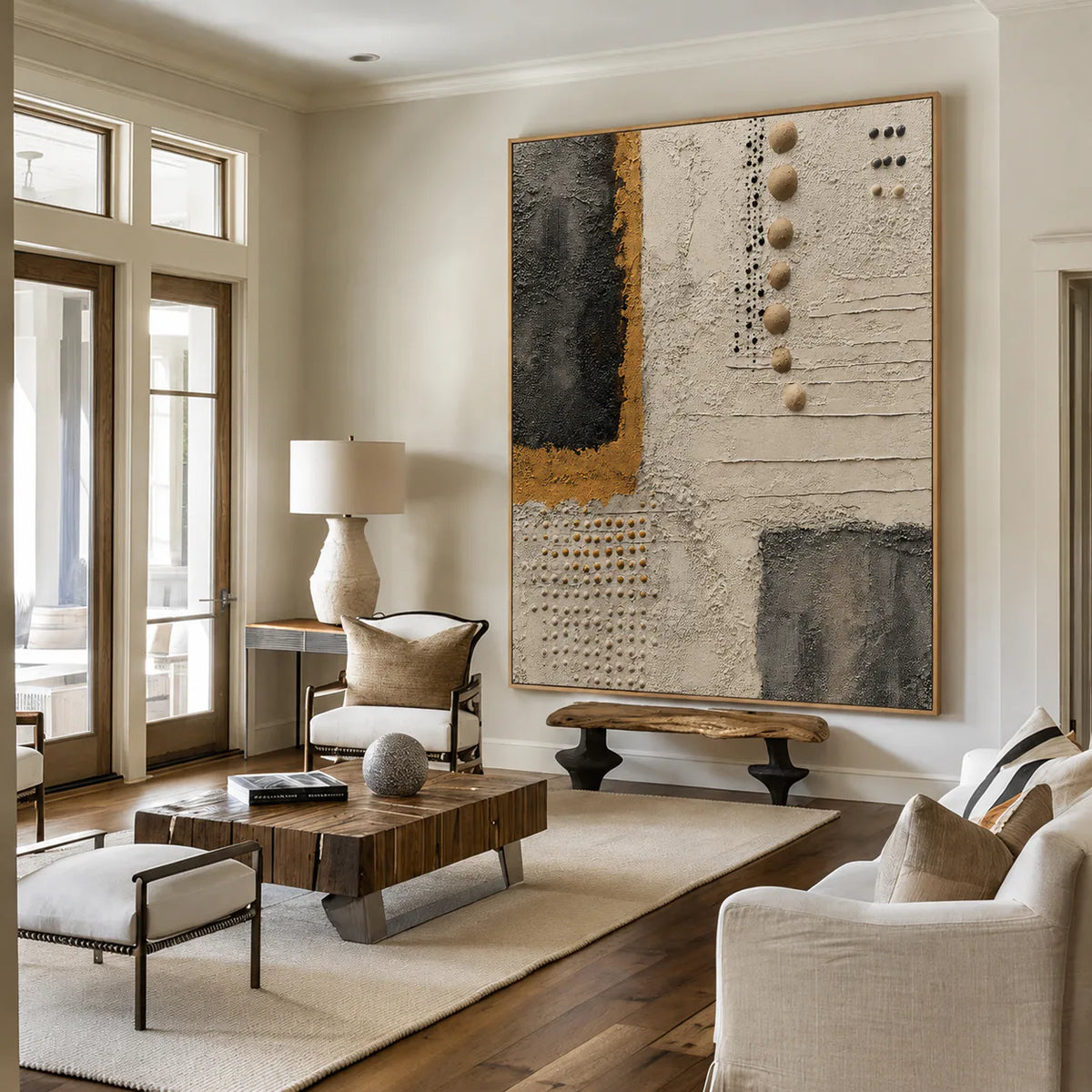 Charcoal Panels and Raised Dots on Ivory Wall Art styled interior scene 2 | Olyrel