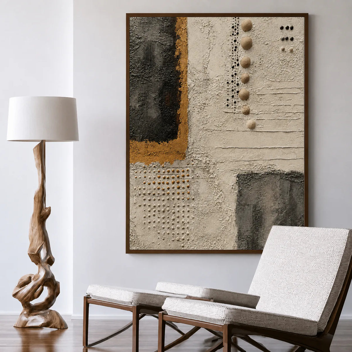 Charcoal Panels and Raised Dots on Ivory Wall Art styled interior scene 3 | Olyrel