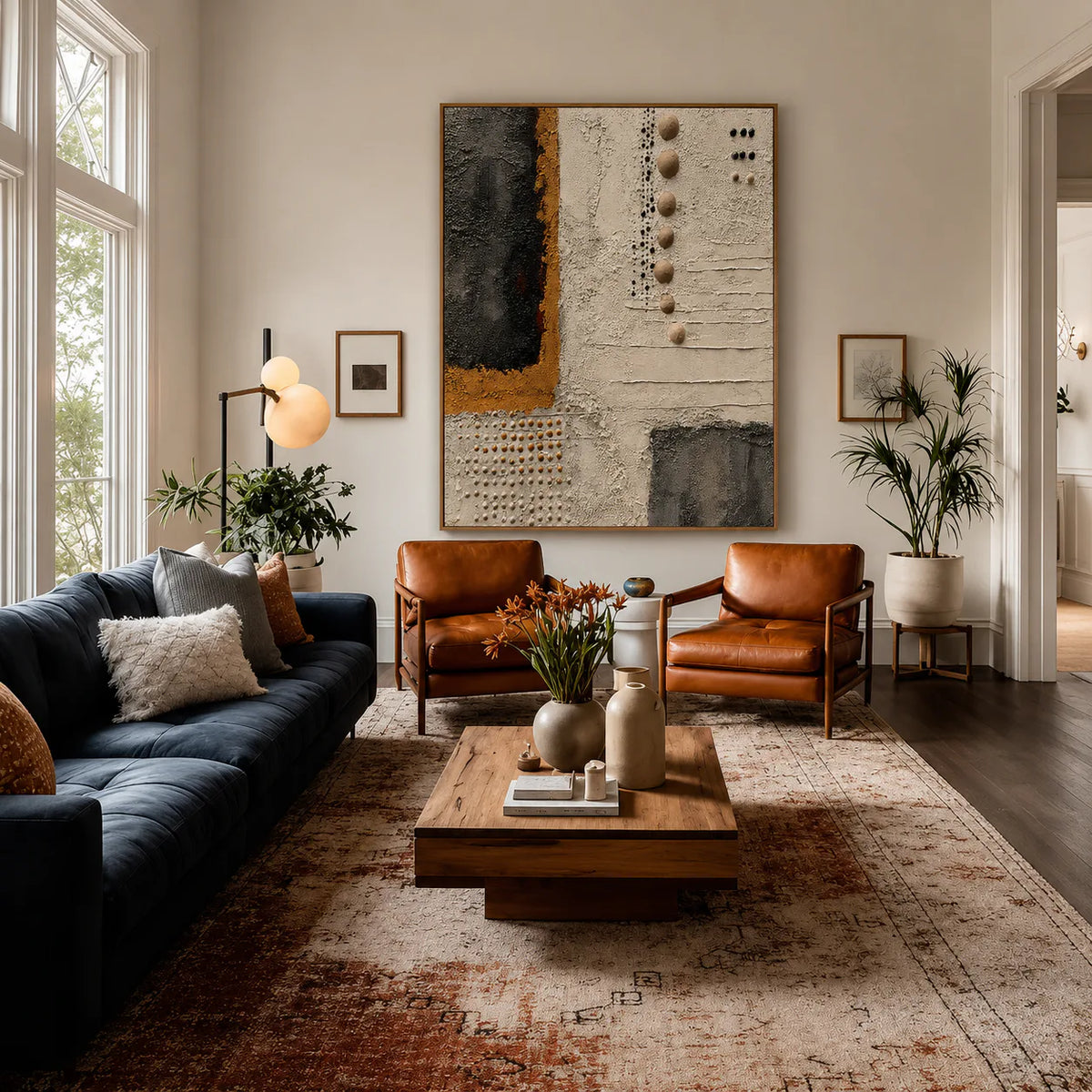 Charcoal Panels and Raised Dots on Ivory Wall Art styled interior scene 5 | Olyrel