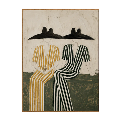 Seated Companions in Ochre and Green Stripes Wall Art | Olyrel