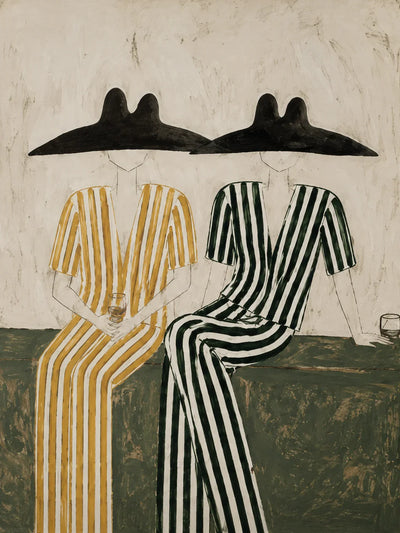 Seated Companions in Ochre and Green Stripes Wall Art artwork view | Olyrel