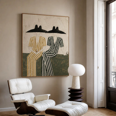Seated Companions in Ochre and Green Stripes Wall Art styled interior scene 1 | Olyrel